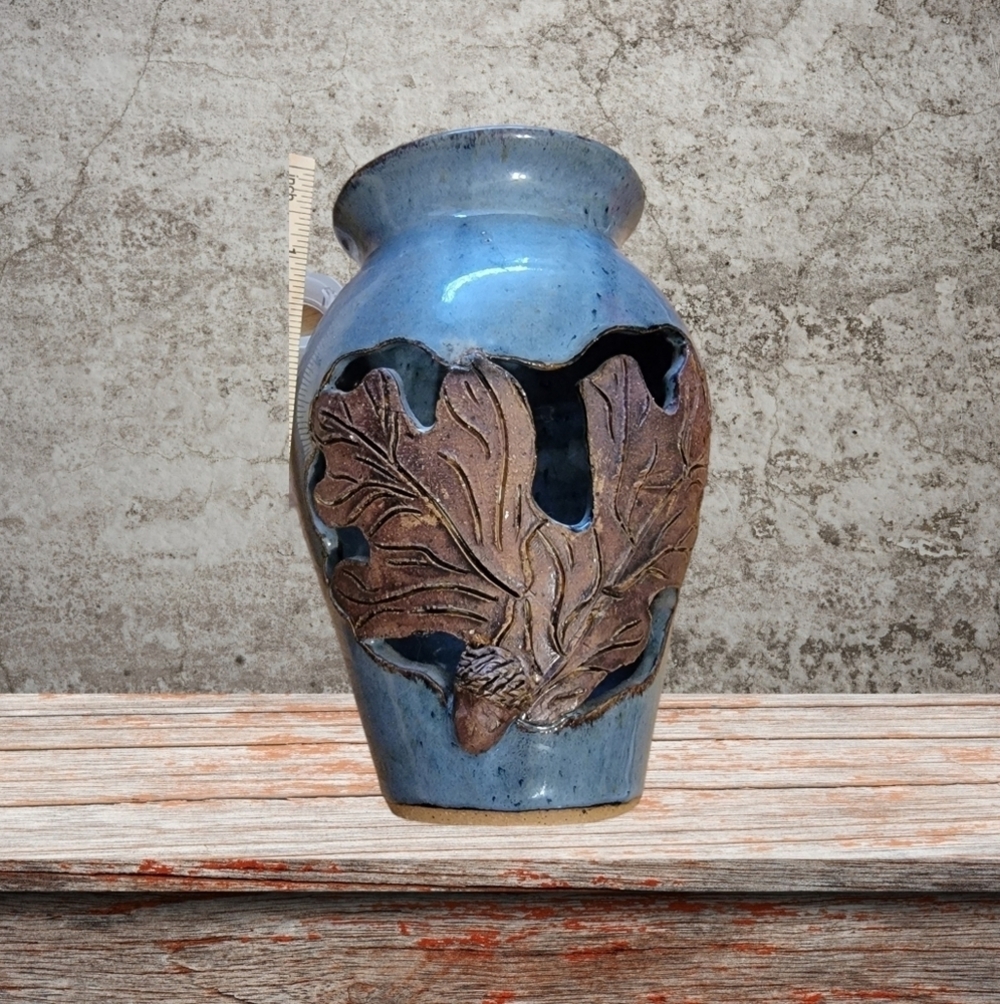 Pottery Vase Studio Art Signed Seagrove NC Acorn Oak Pierced Leaf Lovin Hillss